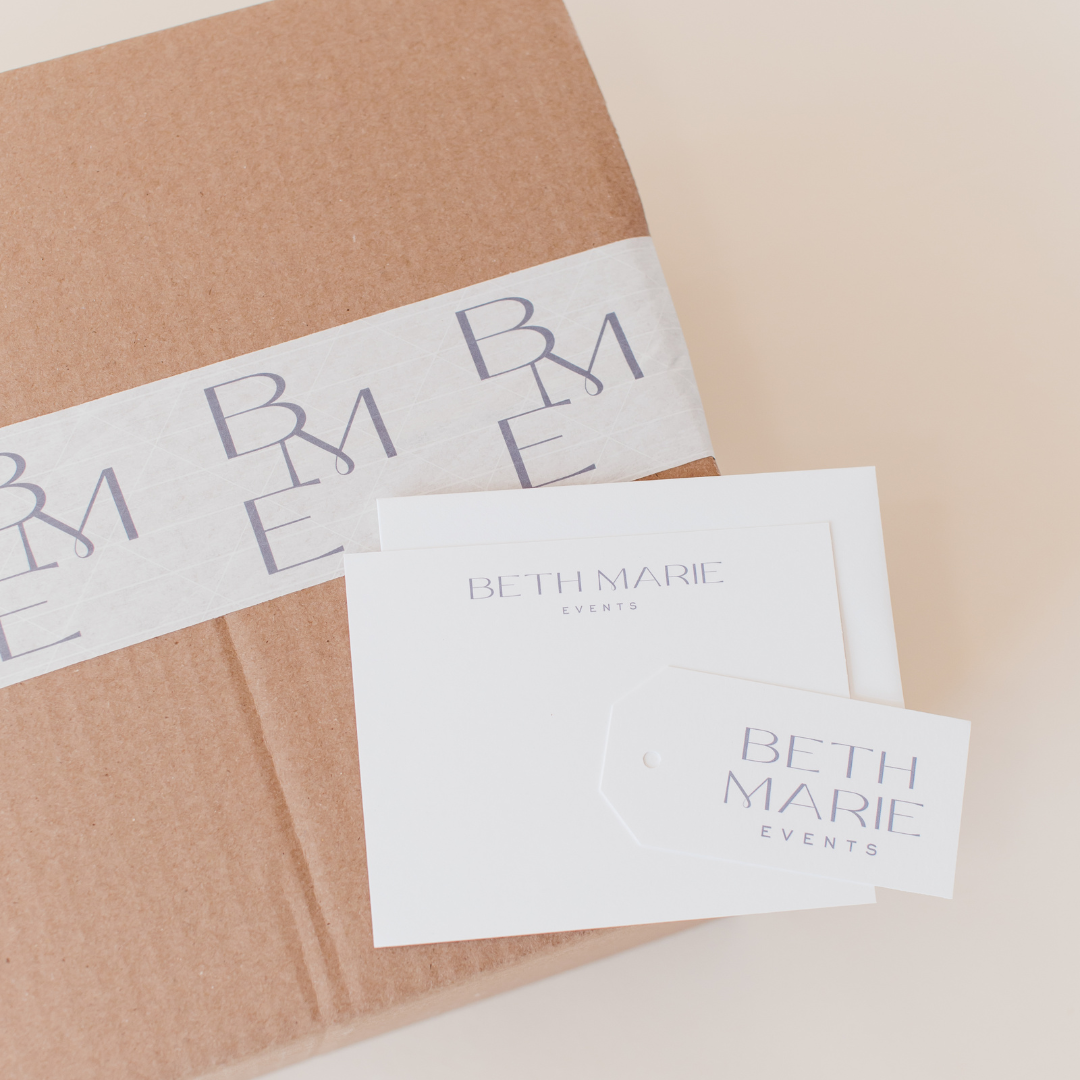 Branded shipping box with custom shipping tape, note card, and gift tag for event planner semi-custom gifting program by Lavender and Pine
