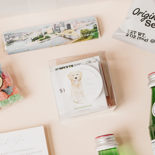 Wedding hangover kit with custom dog sticker in clear case