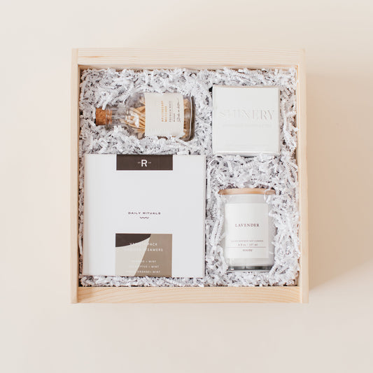 Wedding Day Reset gift box with calming shower steamers, candle, and bridal essentials